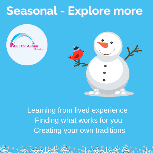 An invitaion tile to Explore more information around seasonal changes and finding what works Click the blue picture tiles for Sensory changes , school, food, gifts and celebrations, social expectations, work and our lived experience shared.