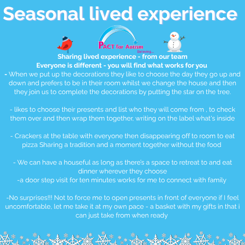 Seasonal Changes - Explore more Click the blue picture tiles for Sensory changes , school, food, gifts and celebrations, social expectations, work and our lived experience shared.