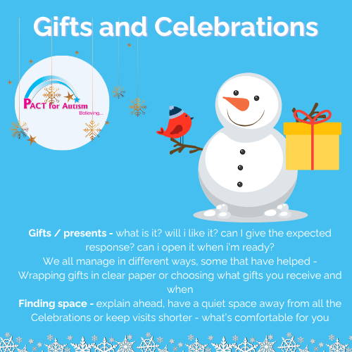 Seasonal Changes - Explore more Click the blue picture tiles for Sensory changes , school, food, gifts and celebrations, social expectations, work and our lived experience shared.