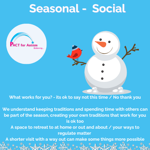 Seasonal Changes - Explore more Click the blue picture tiles for Sensory changes , school, food, gifts and celebrations, social expectations, work and our lived experience shared.