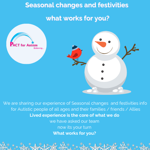 Seasonal Changes - Explore more Click the blue picture tiles for Sensory changes , school, food, gifts and celebrations, social expectations, work and our lived experience shared.