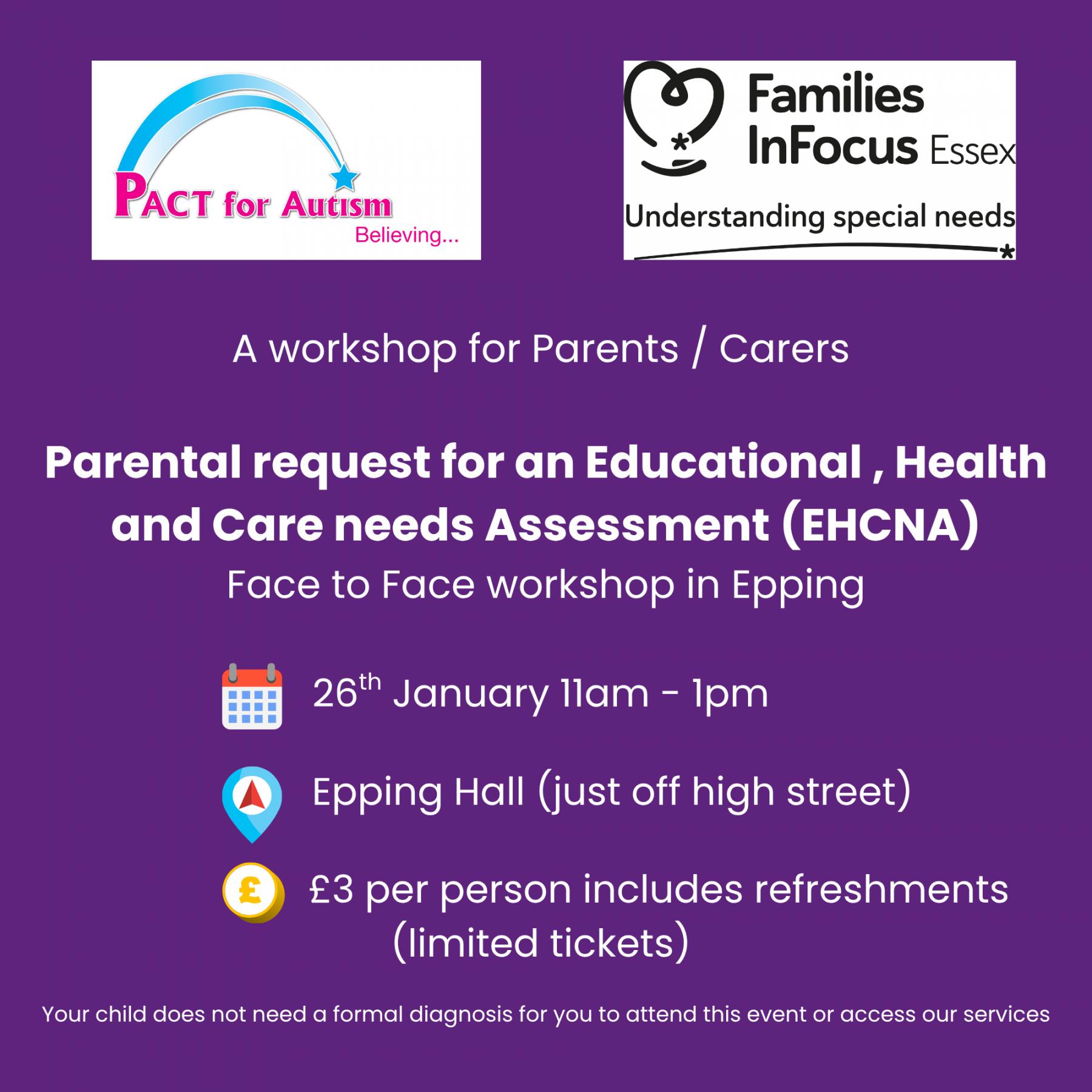 Info tile - EHCNA workshop in Epping A Face to Face workshop for Parents and Carers