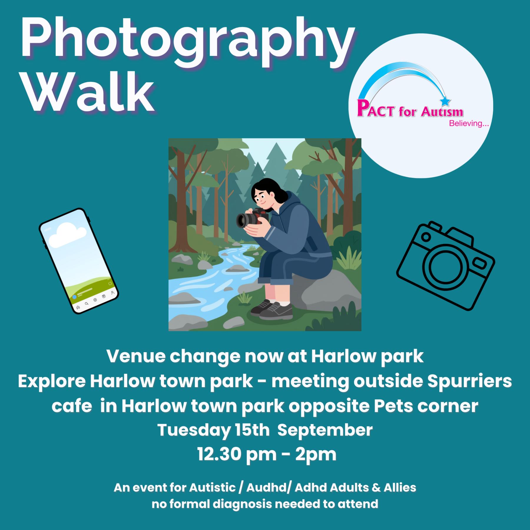 note change of venue - now Harlow Park We welcome you to join us for a stroll around Harlow town Park, where you can take photos with your camera/ smart phone