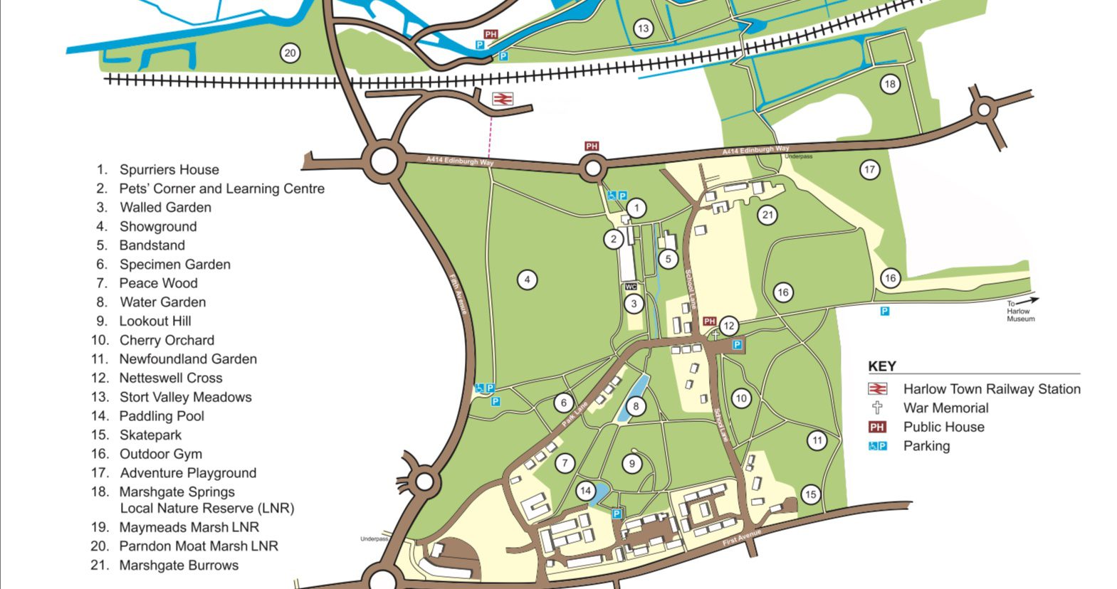 Map of Harlow town park - we are meeting outside Spurriers cafe no 1 We welcome you to join us for a stroll around Harlow town Park, where you can take photos with your camera/ smart phone